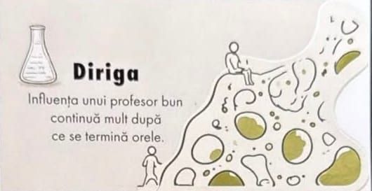 Cartonaș primit de la foști elevi, cu un balon Erlenmeyer desenat alături de mesajul scris pe el